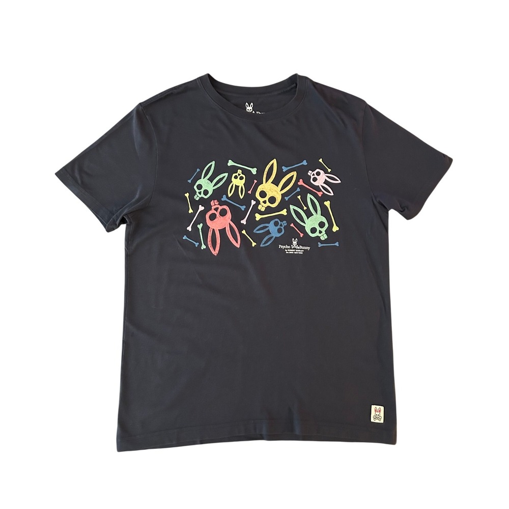 Psycho Bunny Mens Pima Cotton Graphic Tee Navy Blue Bunny Skull Shirt (1288)